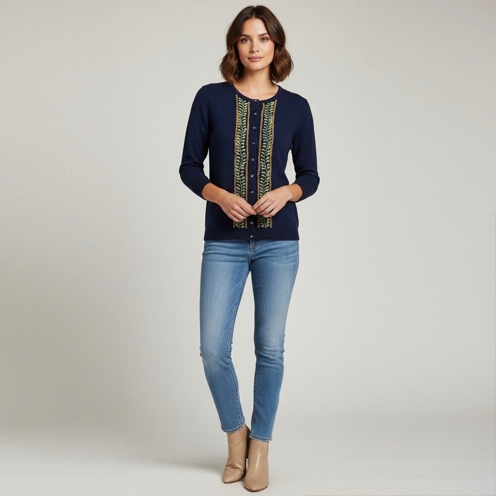 J. Crew Blue Embroidered & Beaded Cashmere Blend Button Front Cardigan • Preppy - Picture 11 of 14
